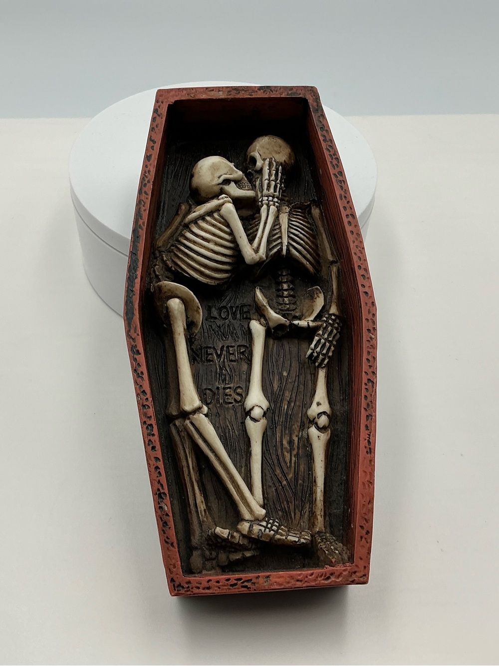Decorative Skeleton Coffin Tray - Love Never Dies - Rustic Red & Bone